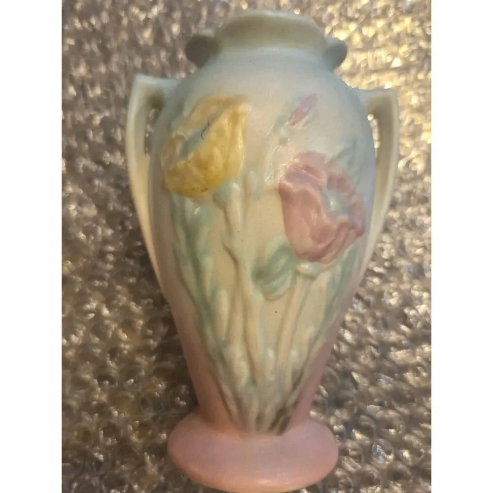 Hull 607-5 1/2 Art Pottery Floral Vase Blue Pink Yellow 1940s Impressed Vintage